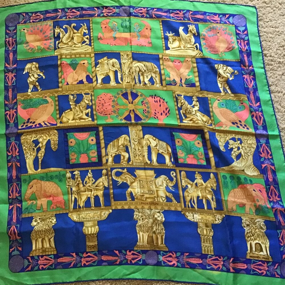 Hermes Blue and Gold Elephant Silk Scarf